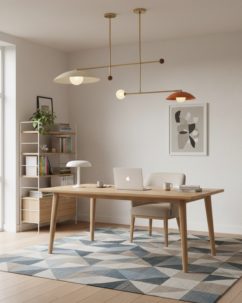 Contemporary multi-shade pendant light in minimalist home office workspace with wooden desk and brass accents