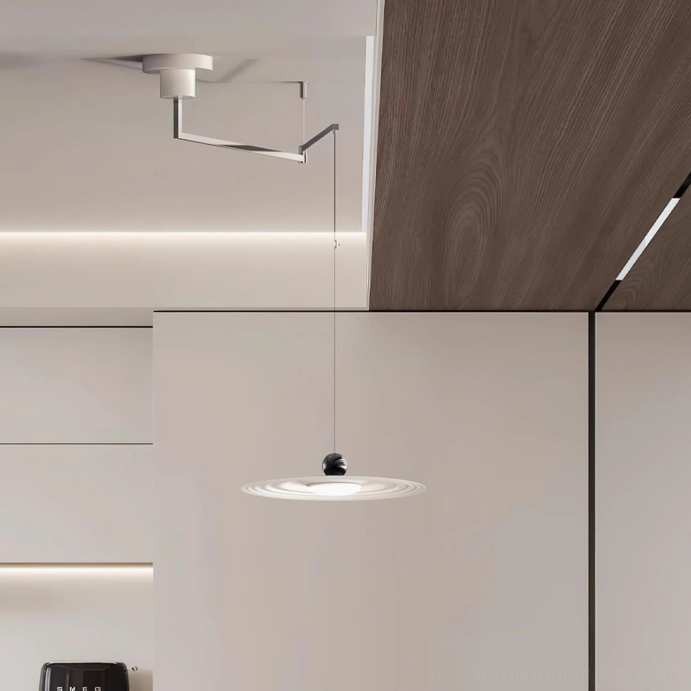 Adjustable pendant lamp overhead view in modern kitchen with neutral minimalist interior design