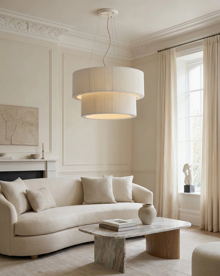 Cream linen drum pendant light in cozy modern living room above curved sofa with marble coffee table, soft ambient interior lighting