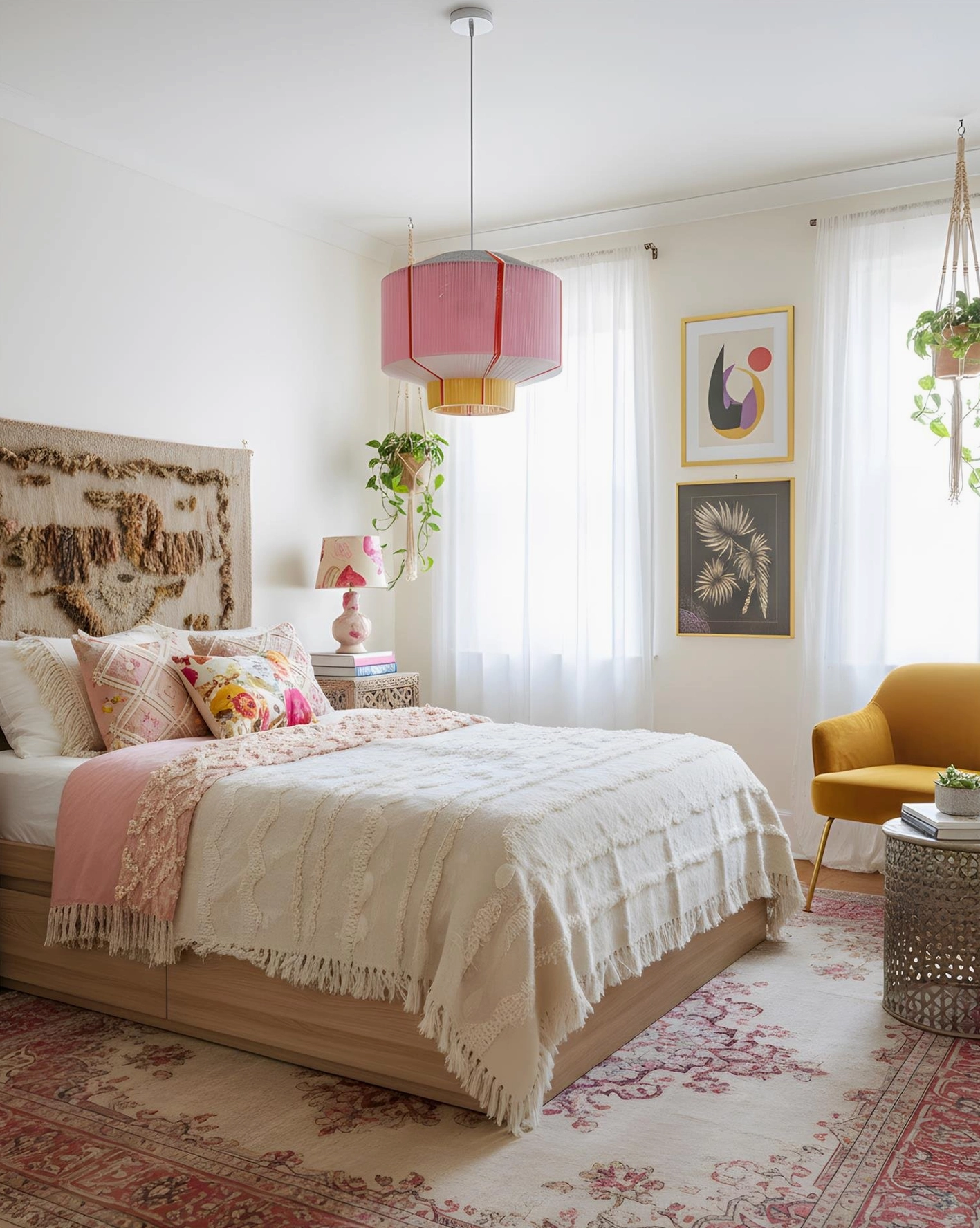 Multi-color faceted pendant light fixture showing pink yellow and grey cotton thread shade construction
