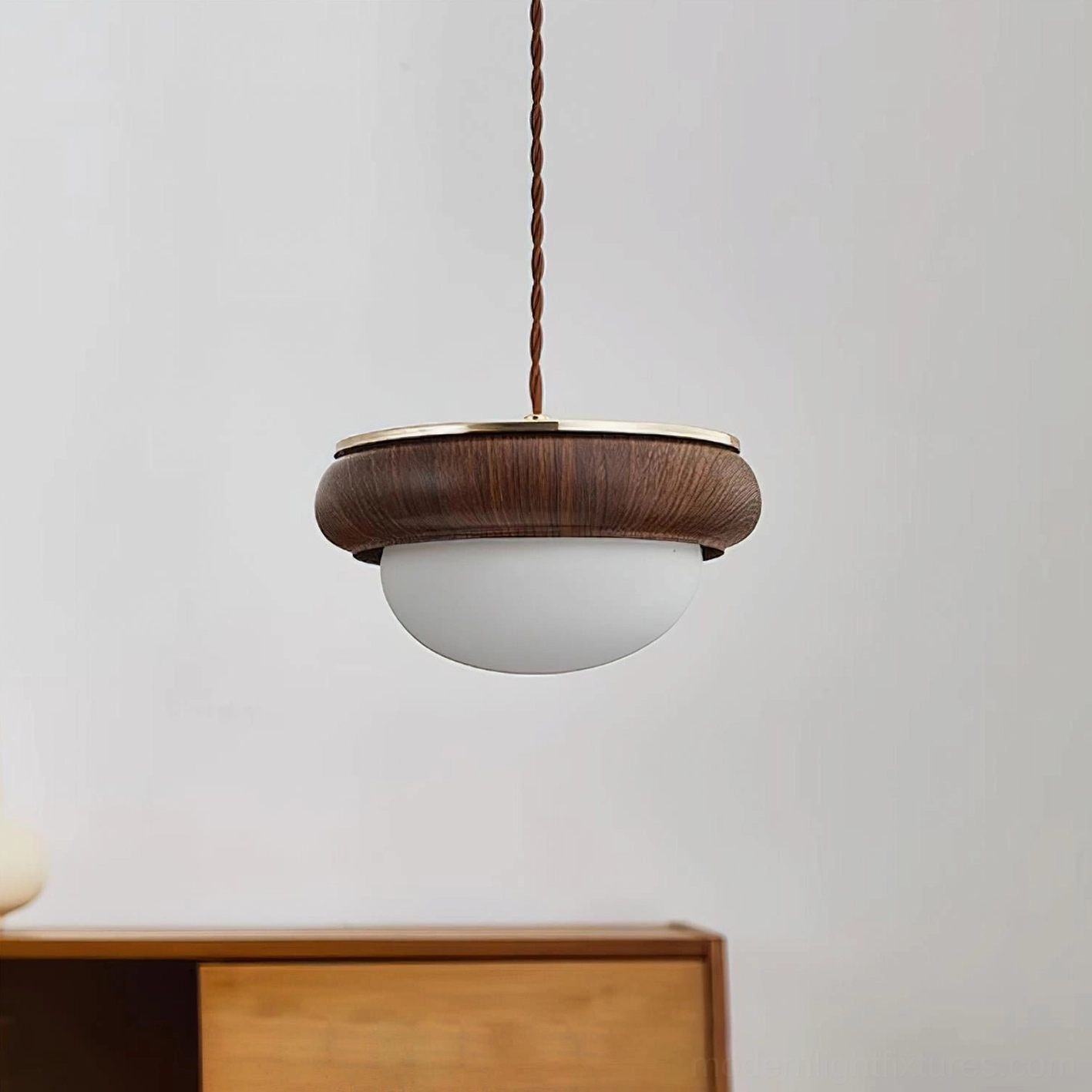 Contemporary hanging pendant light natural wood tone frosted glass sphere shade design