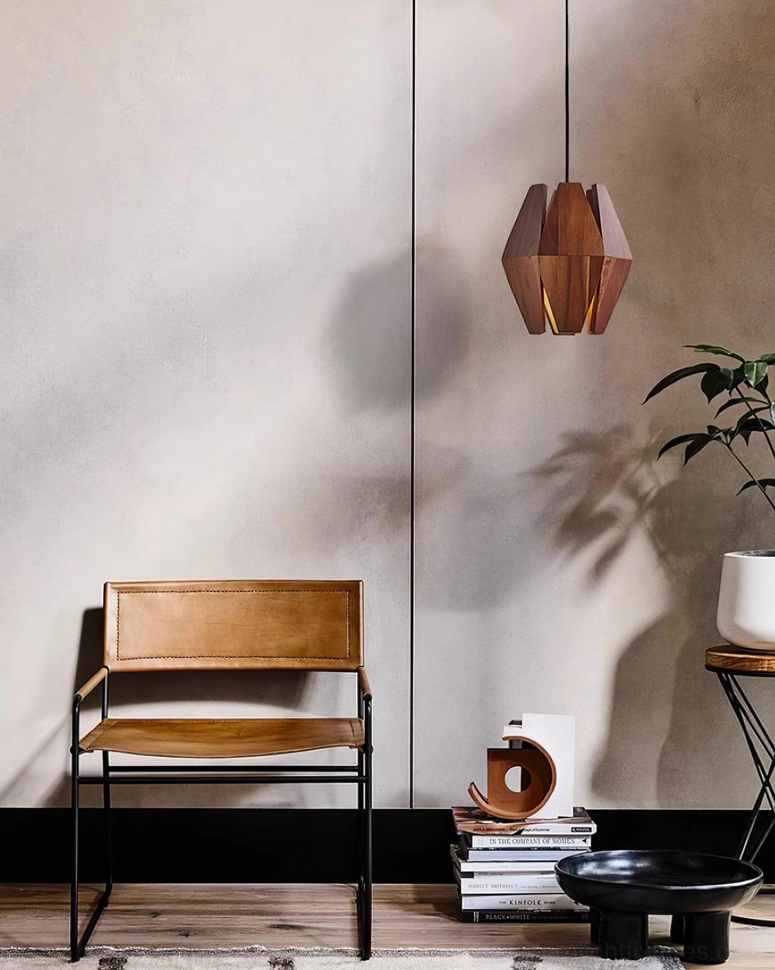 Modern pendant light fixture with natural wood shade in contemporary home design context