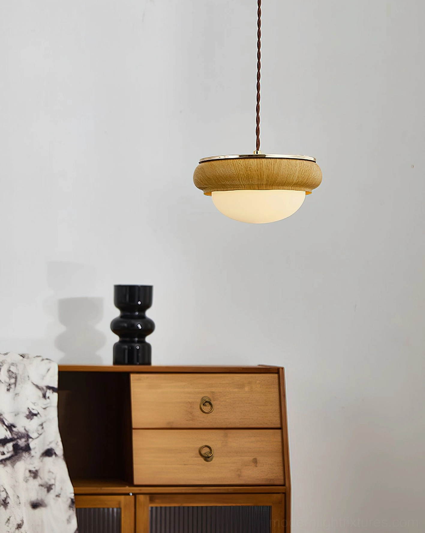 Modern hanging pendant light light oak finish with frosted creamy shade ceramic vase styling