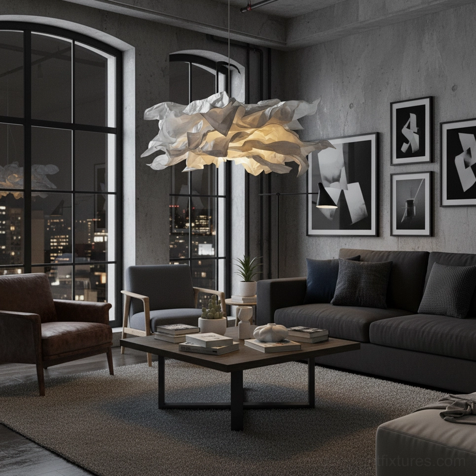 Modern paper pendant lamp side profile highlighting three-dimensional folded paper construction