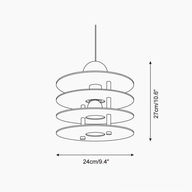 Technical line drawing and dimensions of modern layered disc pendant light fixture