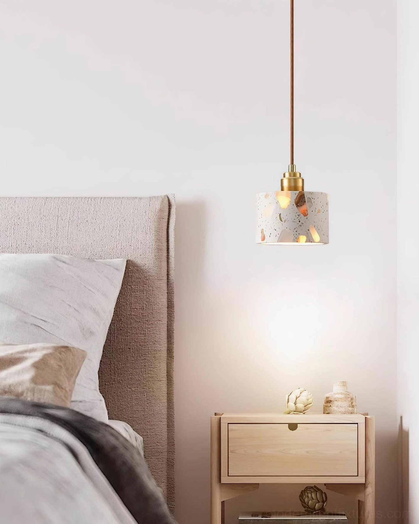 Modern pendant light fixture with terrazzo composite stone and brushed brass hardware