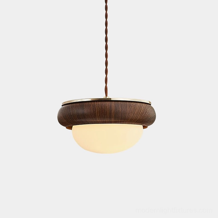 Modern wood and glass pendant light with dark walnut wood ring and frosted creamy lampshade front view