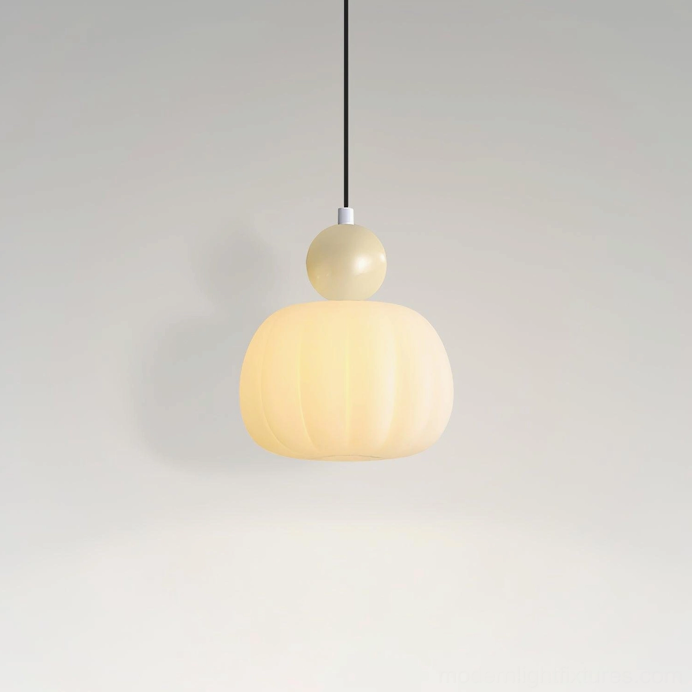 White Morris pendant light with soft acrylic diffusion - warm glow demonstration overhead view