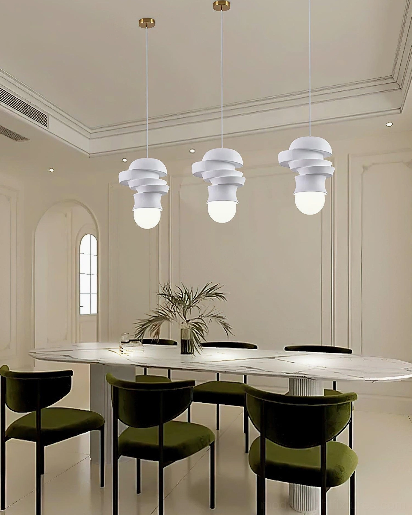 Modern stacked disc pendant light with white finish, architectural layered shade design detail view