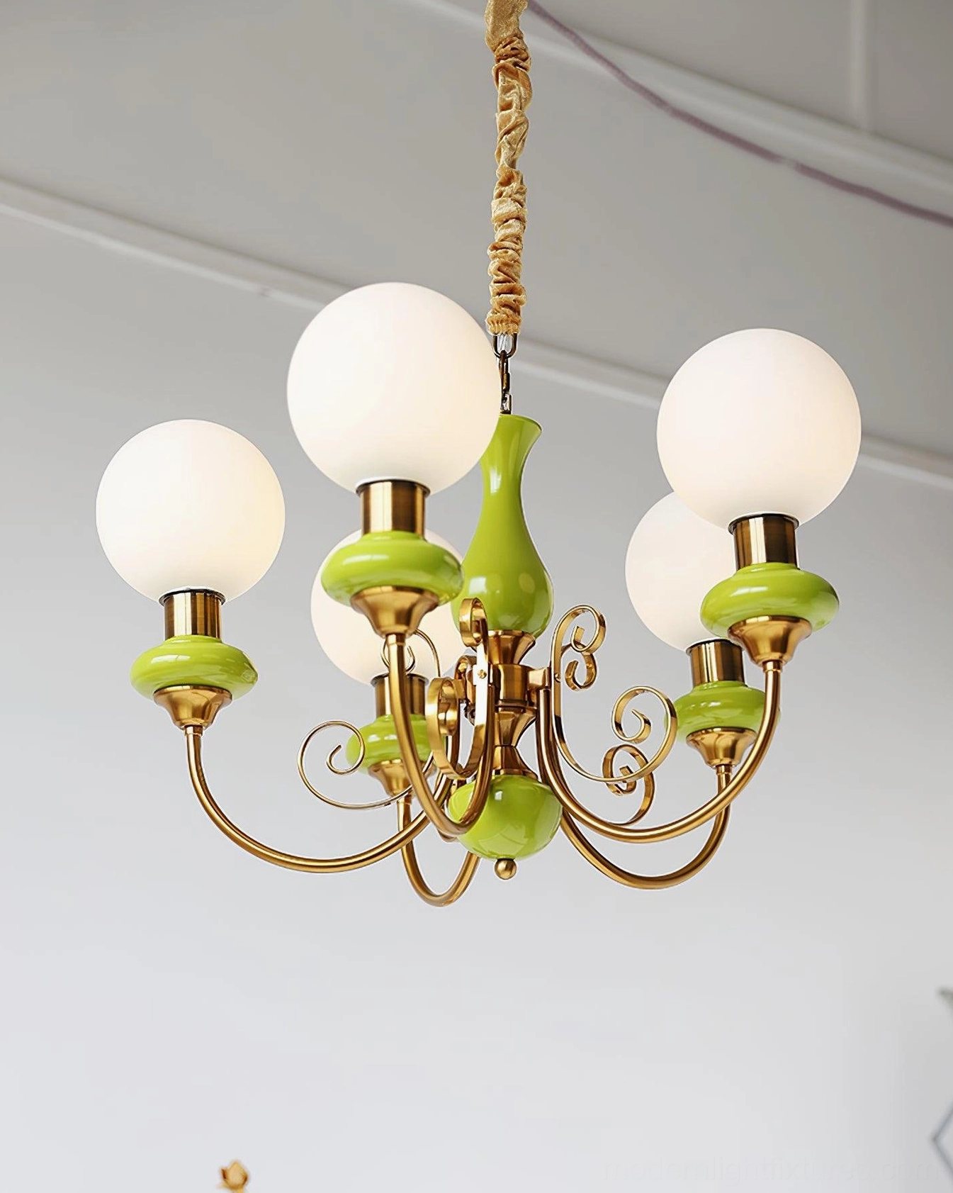 Modern pendant lighting chandelier with glass shades, designer ceiling fixture closeup