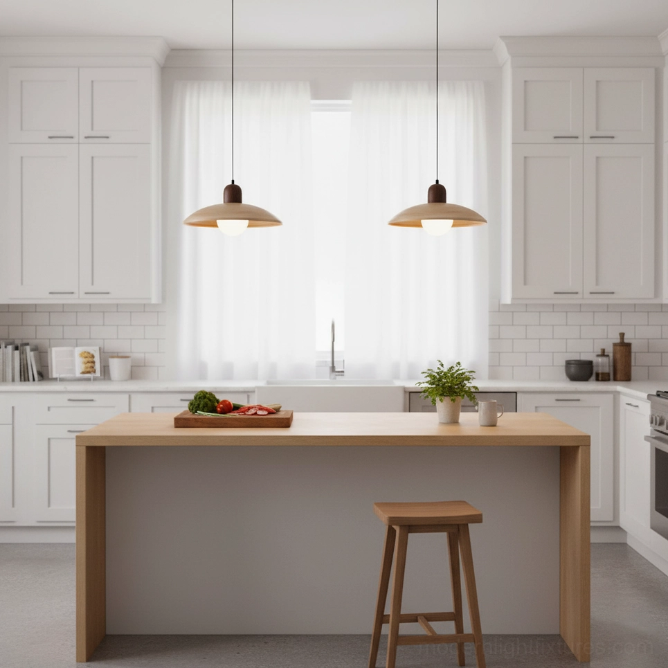 Dual matching wood-tone pendant lights in minimalist white kitchen setting