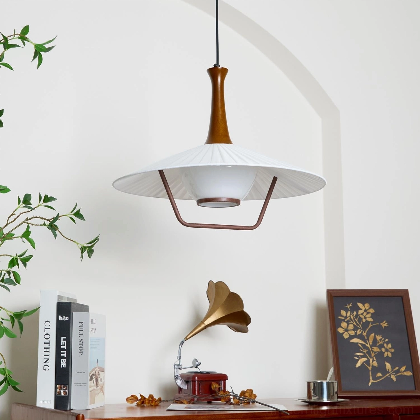 Modern pendant light walnut wood and off-white pleated shade contrast material combination