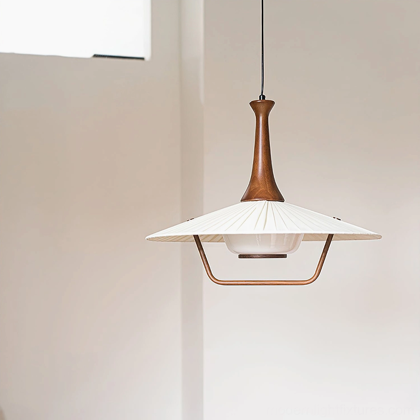 Modern pendant light walnut and white shade combination warm cozy residential interior setting
