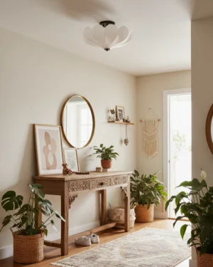 Modern frosted glass petal ceiling light installed in residential hallway with boho minimalist décor