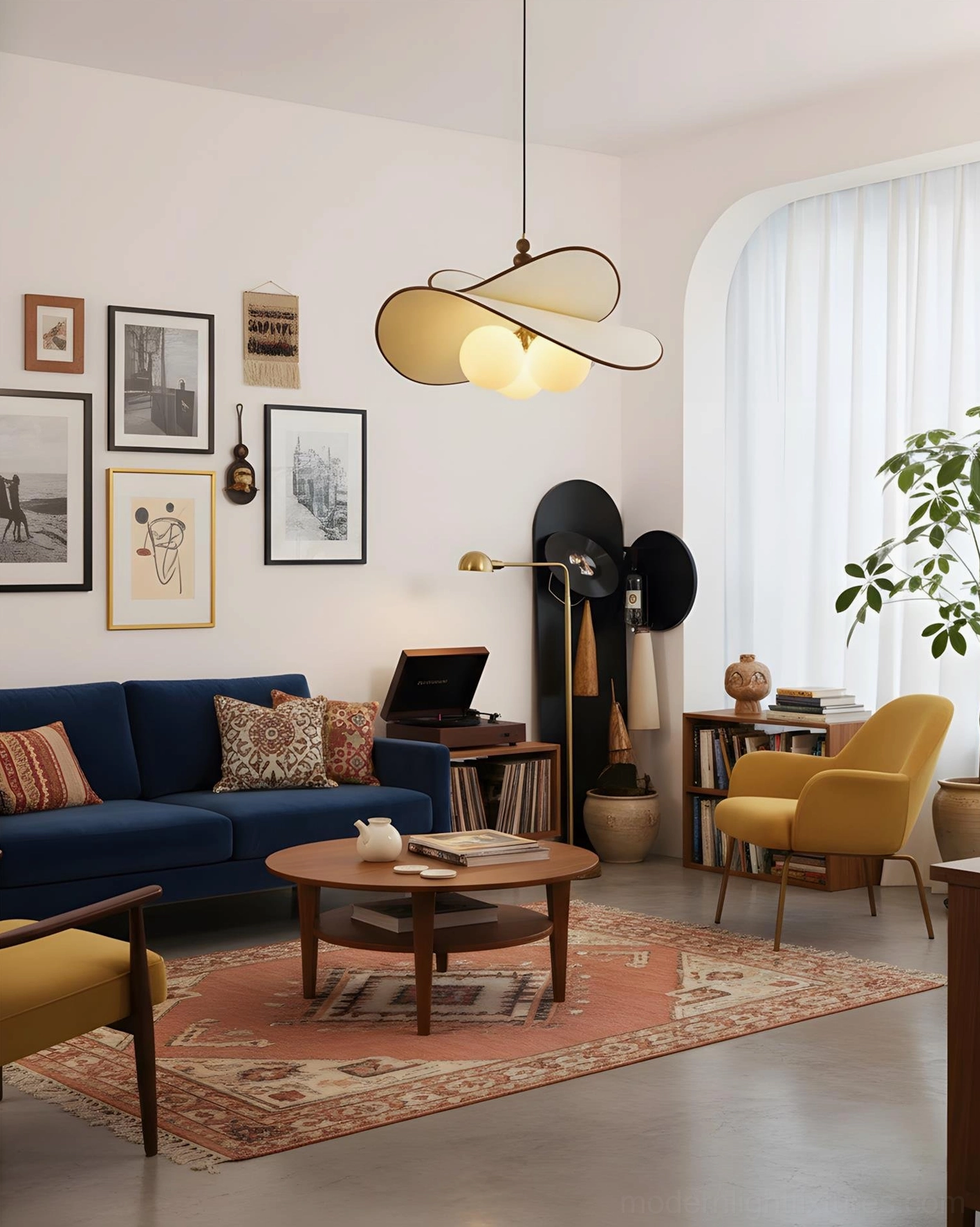 Modern petal pendant lamp with warm glass orb lights and fabric shade showing texture and material quality of mid-century lighting design