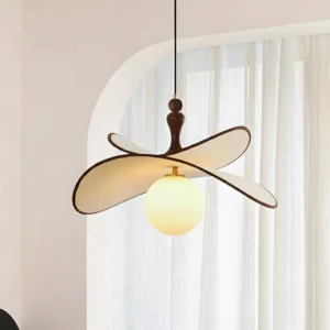 Modern petal pendant lamp with solid wood top fixture and single warm glass ball light in neutral beige and white tones, eye-level minimalist vintage design