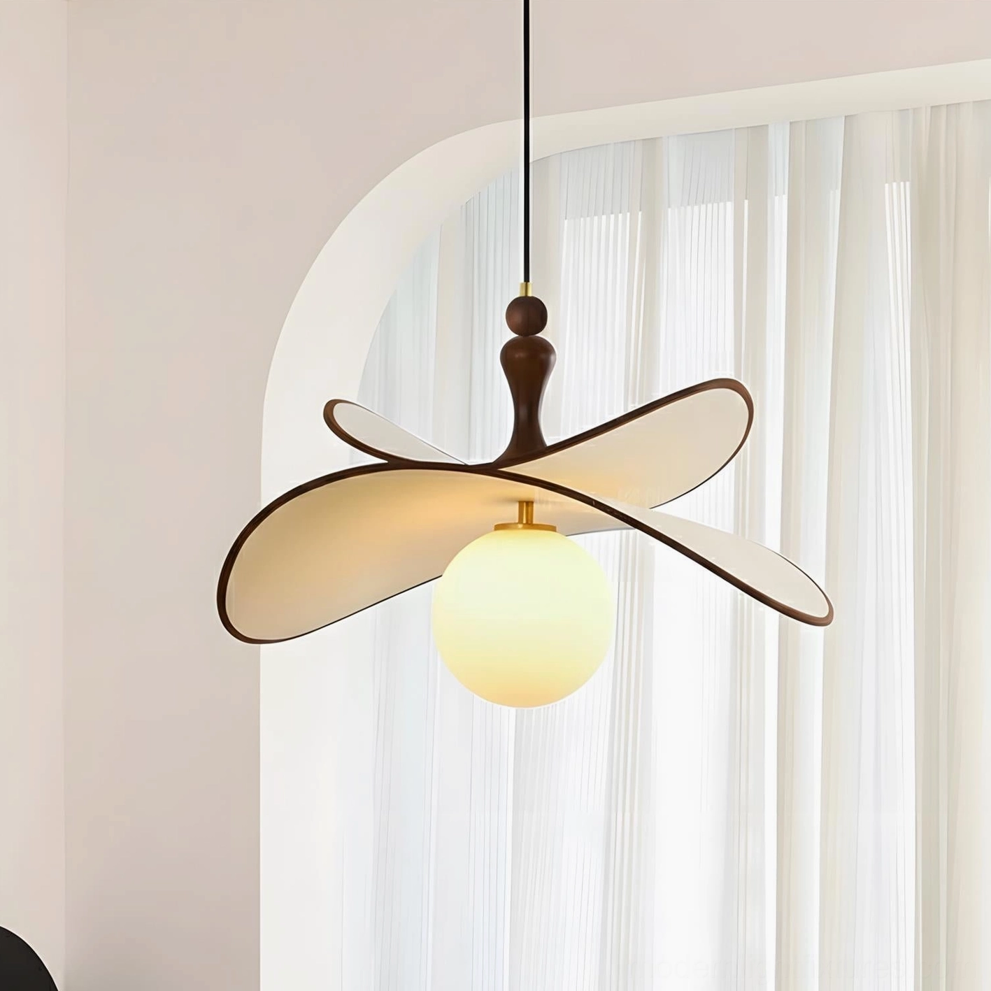 Modern petal pendant lamp with solid wood top fixture and single warm glass ball light in neutral beige and white tones, eye-level minimalist vintage design
