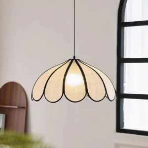 Modern fabric pendant light with scalloped petal design in minimalist home interior with arched shelf and grid window, warm ambient lighting