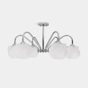 Modern petal sputnik chandelier with 6 polished chrome arms and frosted white acrylic petal-shaped shades, front studio view