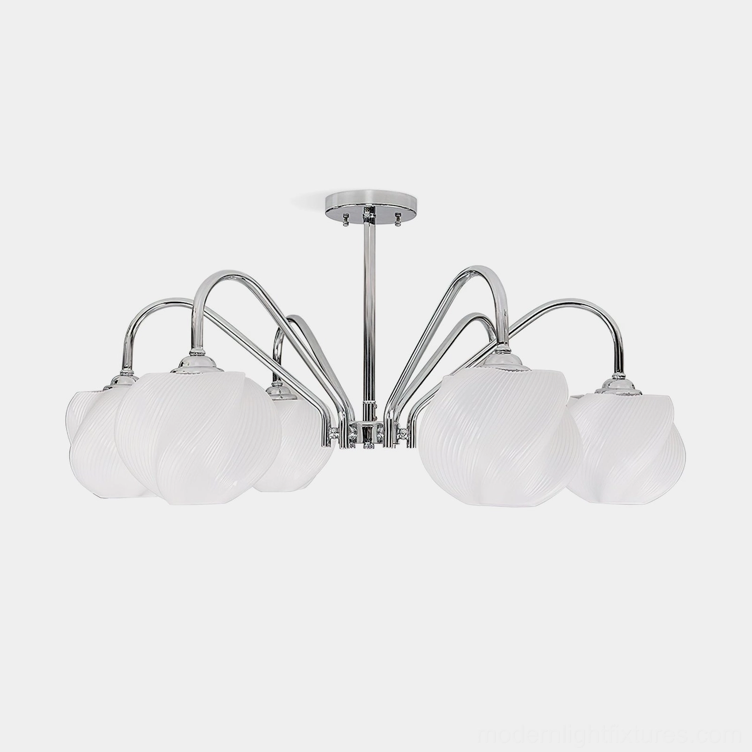 Modern petal sputnik chandelier with 6 polished chrome arms and frosted white acrylic petal-shaped shades, front studio view