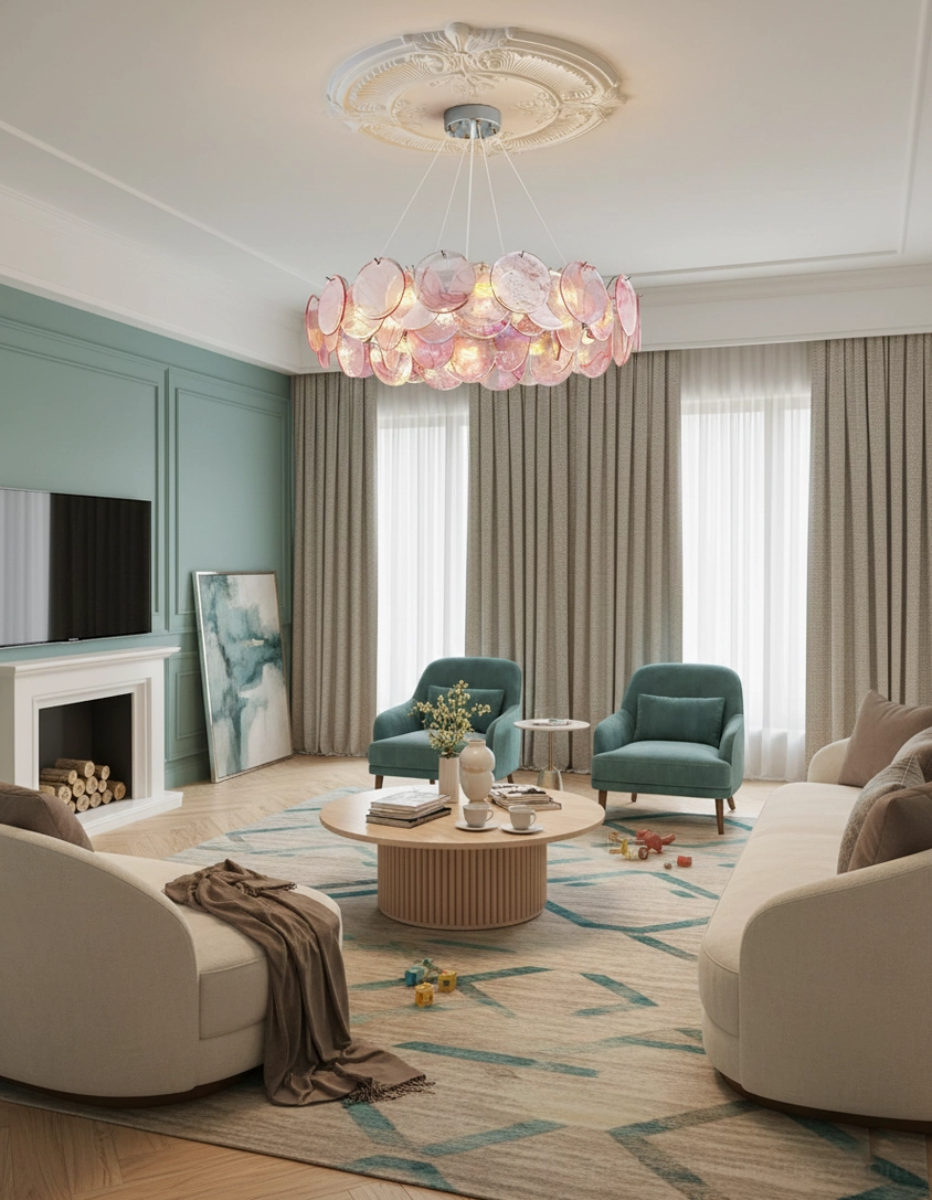 Contemporary pink cascading pendant chandelier soft warm ambient lighting effect in elegant interior