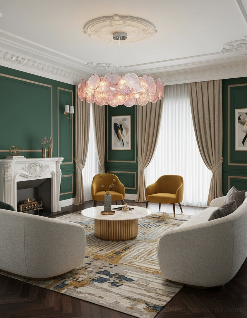 Modern luxury pink disc chandelier creating elegant focal point in contemporary residential interior