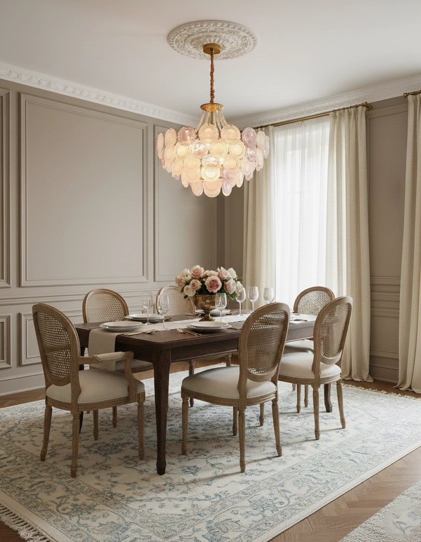 Modern tiered pink glass chandelier side profile view showing cascading glass disc architecture and brass frame
