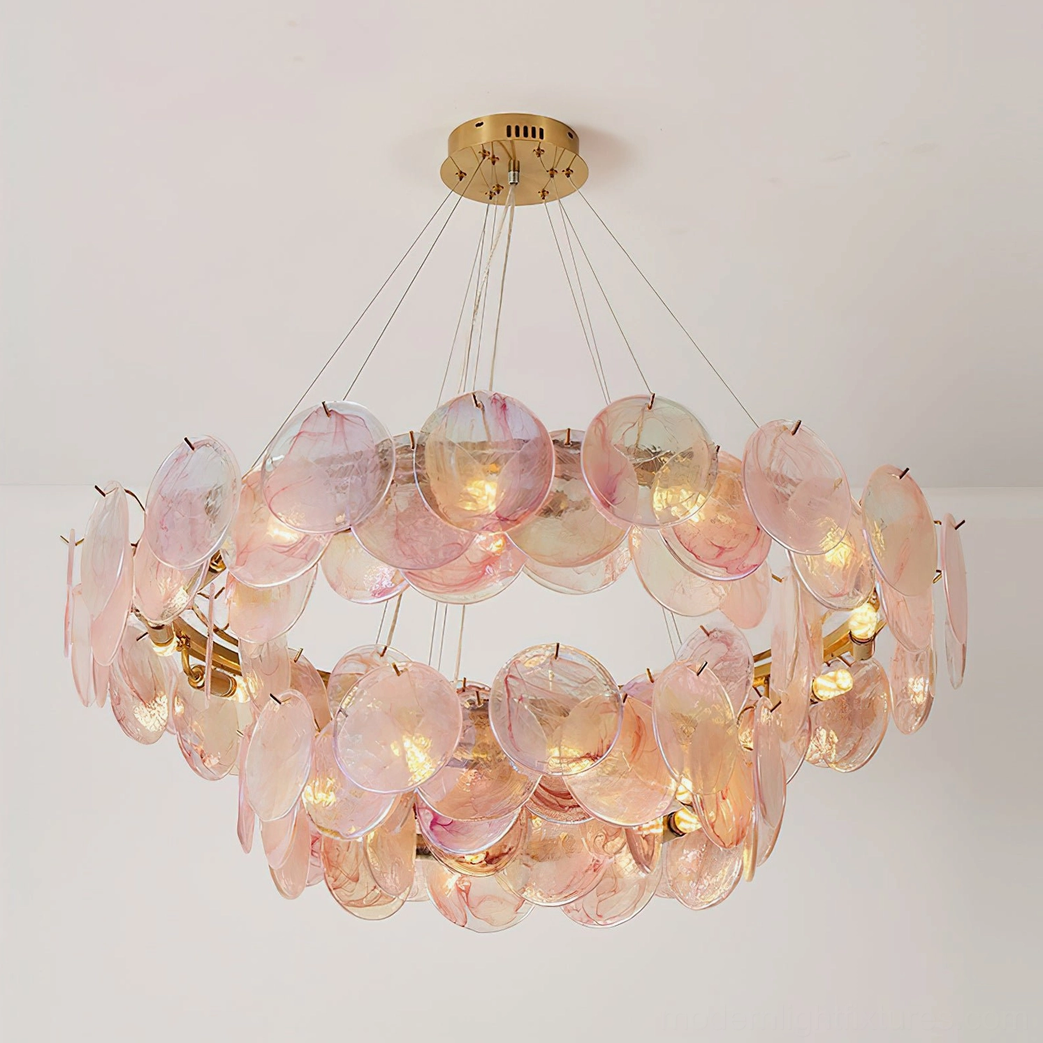 Modern pink Murano chandelier large format installation in high-ceiling luxury residential space