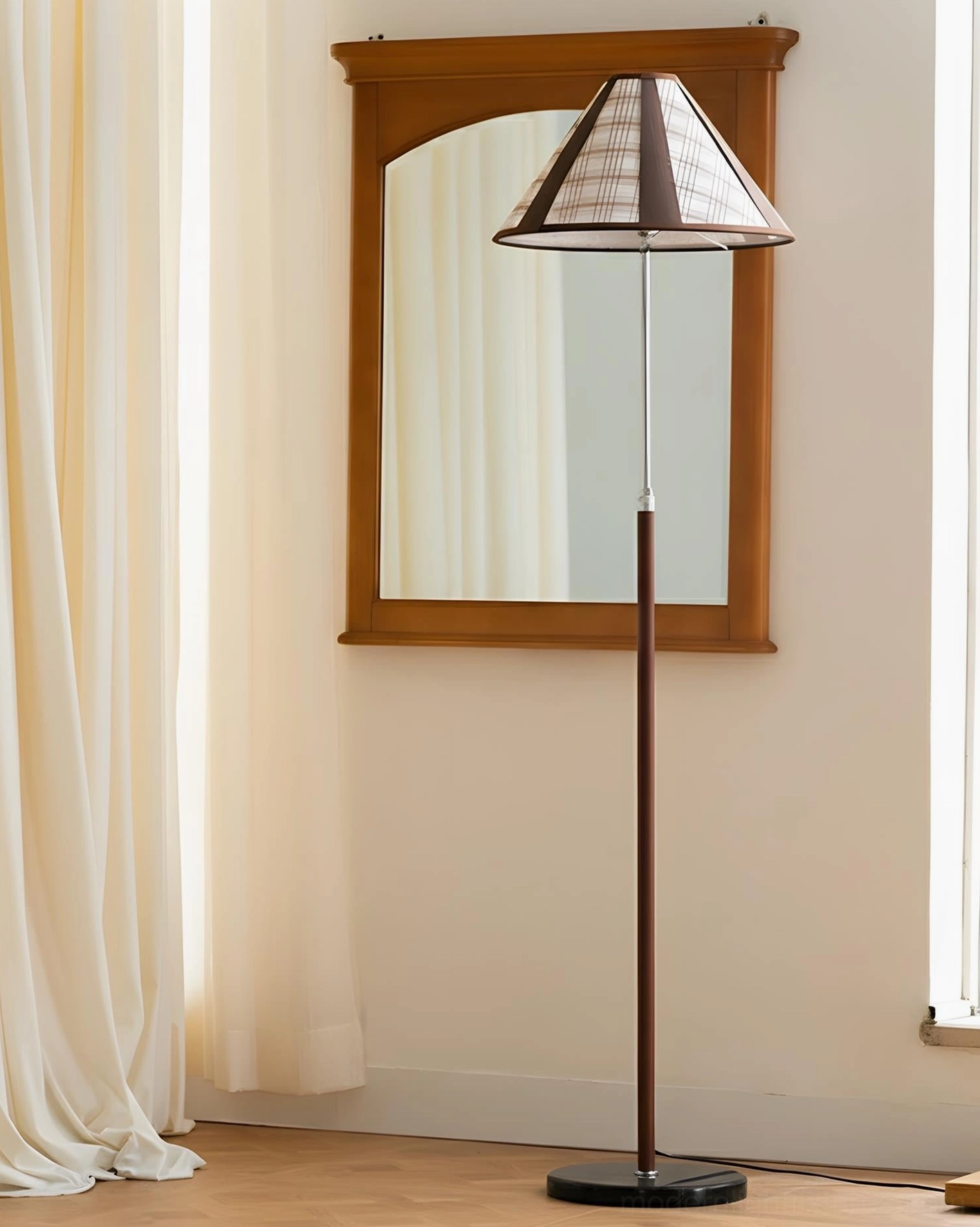 Modern plaid floor lamp full-length profile showing wooden stem marble base and conical shade