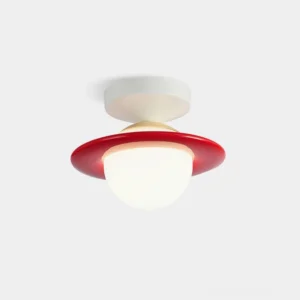 Planet flush mount ceiling light with red disc accent trim and frosted glass shade, front product view