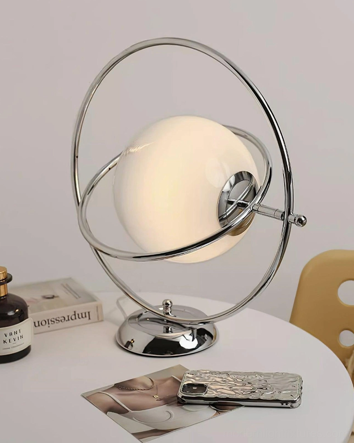 Chrome planet glass shade table lamp modern minimalist aesthetic
