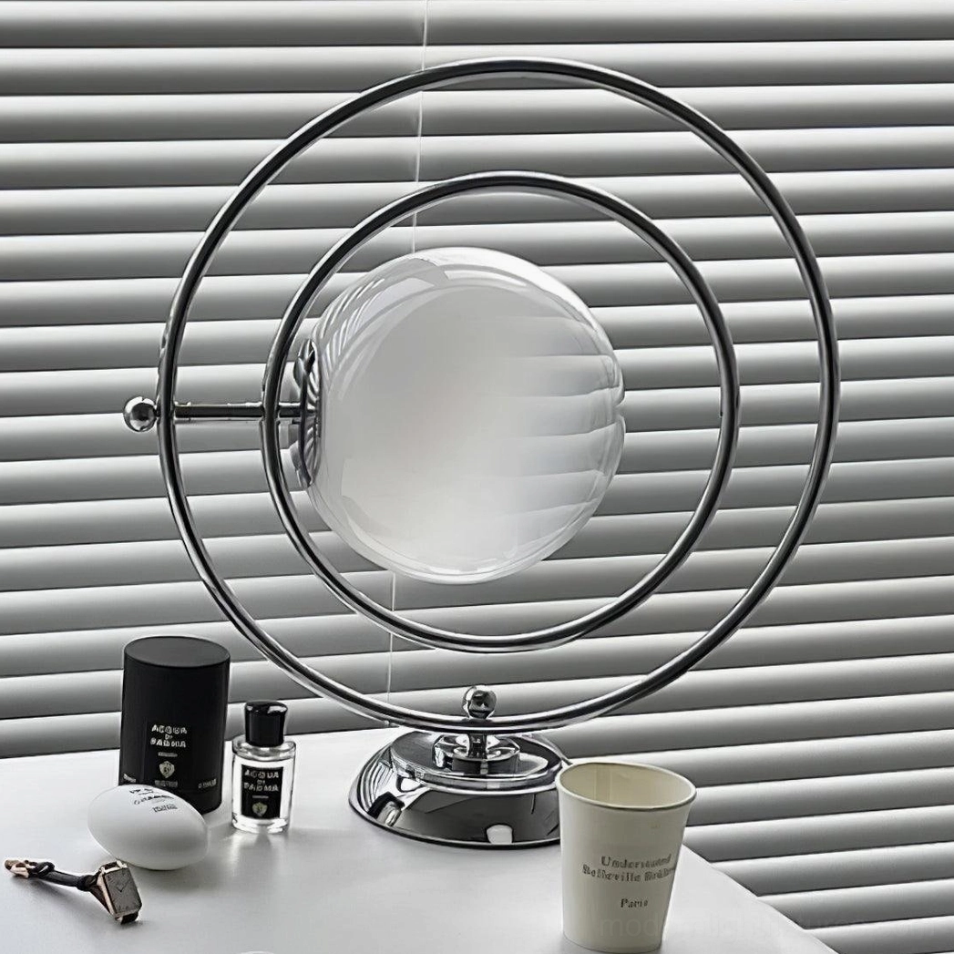 Contemporary globe table lamp architectural details and metal frame construction