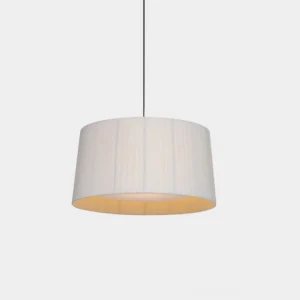 Minimalist pleated drum pendant light with off-white fabric shade - front view studio photography
