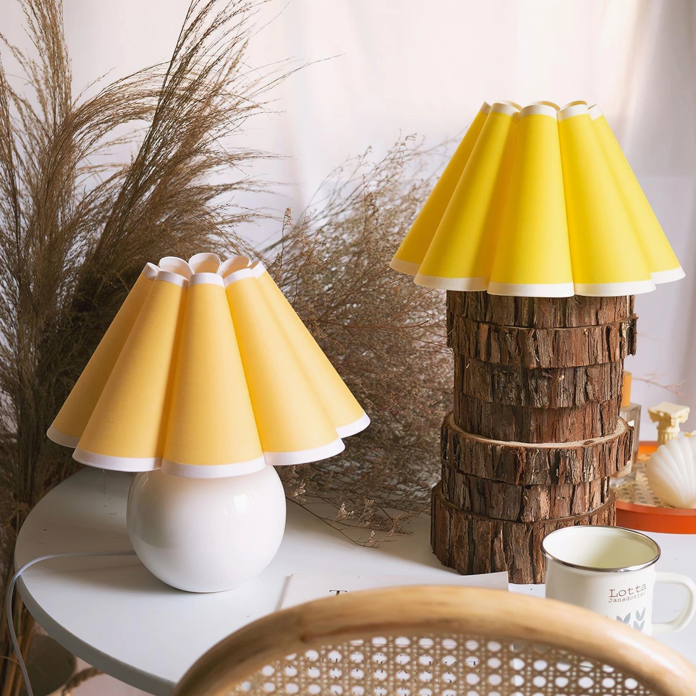 Modern pleated fabric table lamp sculptural ceramic base home office workspace ambient lighting solution