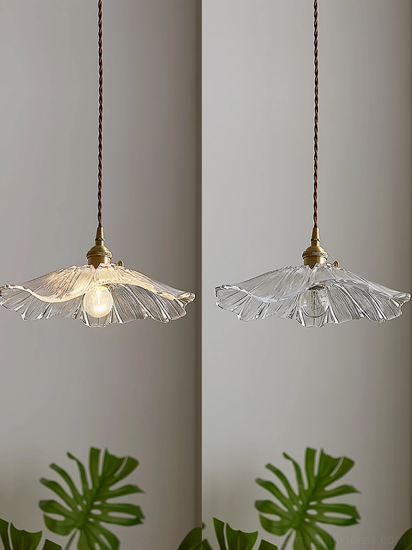 Modern plug-in flower glass pendant light with brass fixtures and petal glass shade