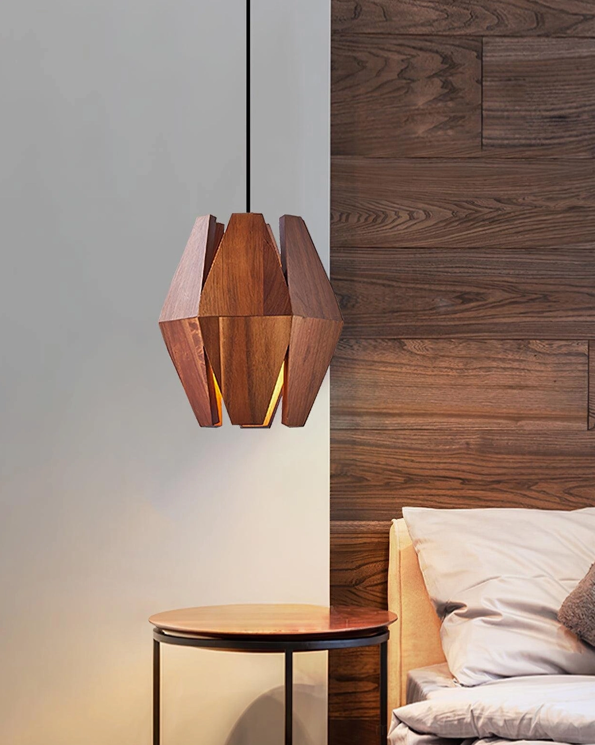 Modern polygon wood pendant lamp with warm lighting effect in dining or accent setting