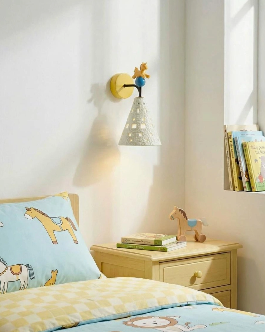 Modern pony wall sconce with geometric design color palette children's bedroom lighting