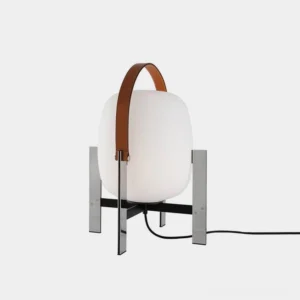 Modern portable lantern table lamp with brown leather handle and frosted glass shade, front view showing two-tone metal stand and polished metal bracket