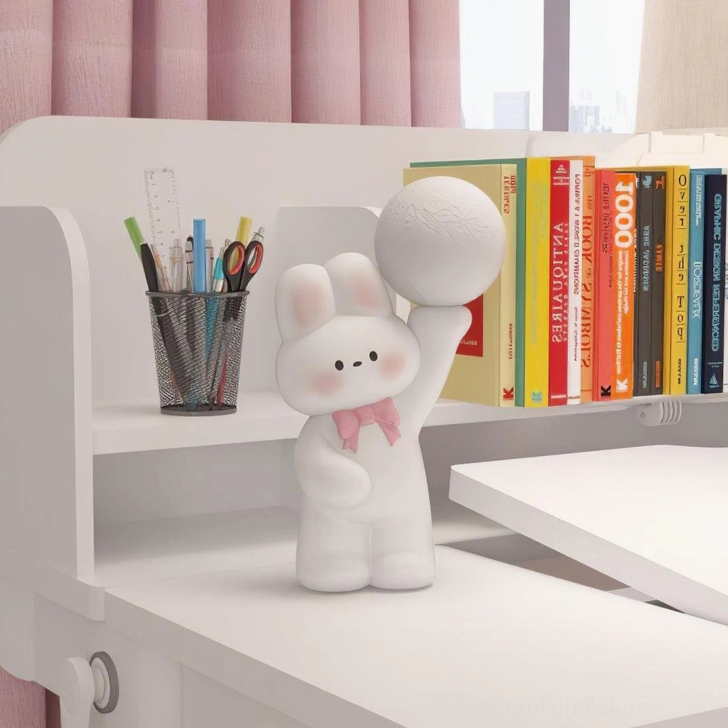 Modern rabbit character lamp with glowing moon bulb - whimsical table lamp for bedroom lighting