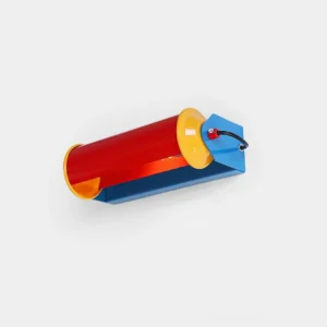 Modern rainbow arc wall sconce with tri-color cylindrical design in blue, red, and yellow, shown from left oblique angle in studio