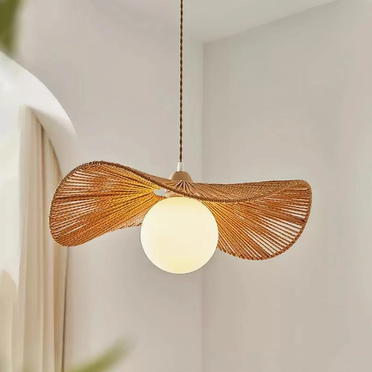 Modern rattan hanging lamp three-quarter view showing brown woven shade texture and warm ambient light