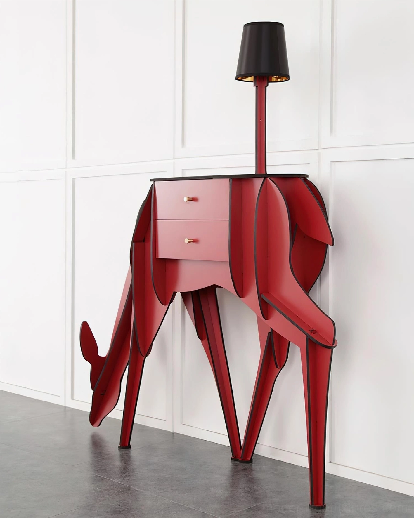 Red deer-shaped contemporary floor lamp with integrated storage drawers in home interior, minimalist design with black lamp shade
