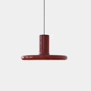 Red disc pendant light modern minimalist UFO design flat overhead studio view