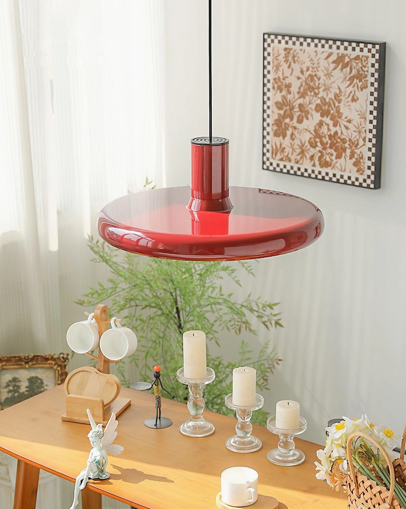 Semi-translucent red disc pendant light boho dining room warm ambient glow