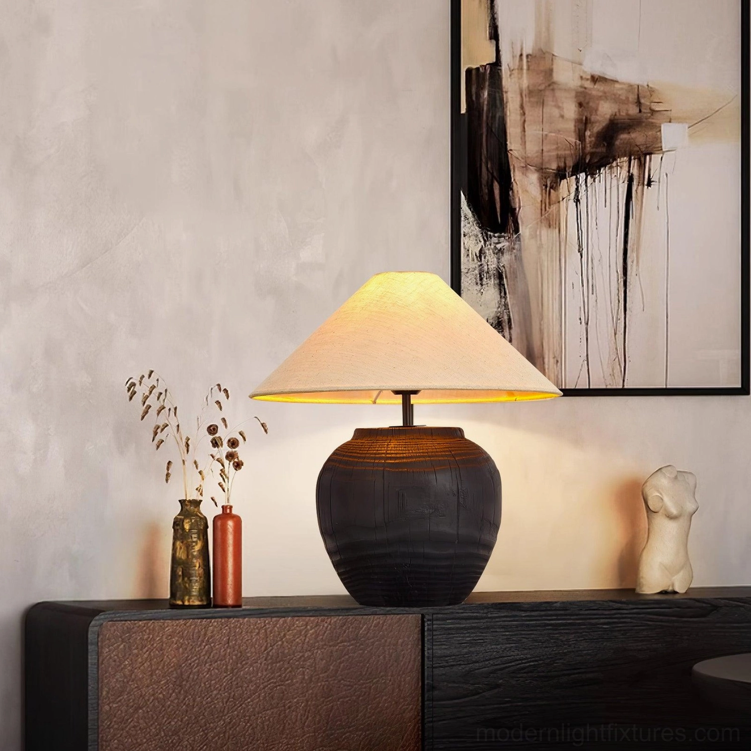 Modern black resin table lamp with conical fabric shade product photography
