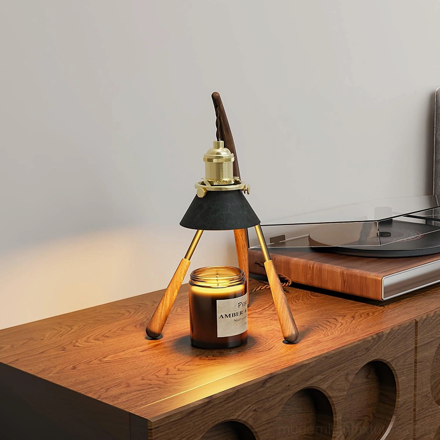 Modern retro candle warmer lamp, mantis sculptural form, natural wood aromatherapy design