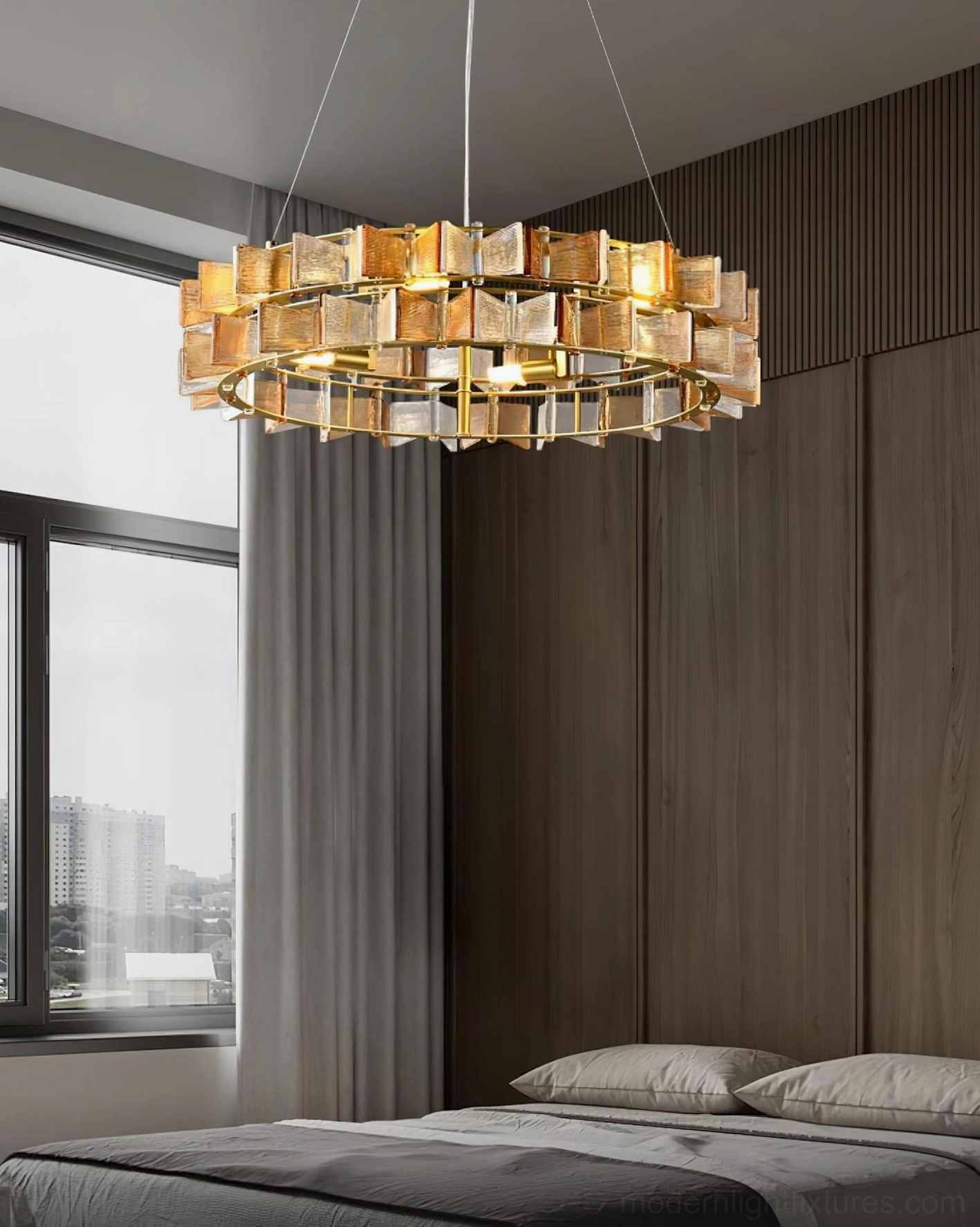 Modern ring light fixture in luxury contemporary dining space with minimalist decor