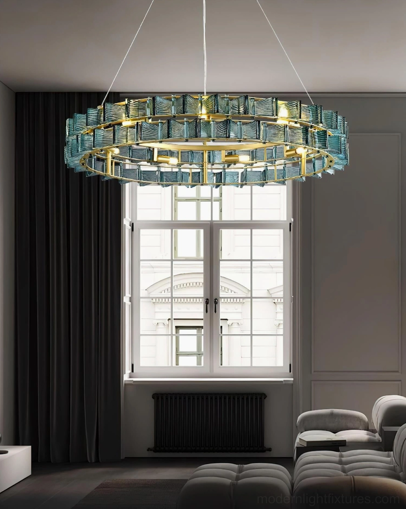 Contemporary ring chandelier detail shot showing textured glass blocks and brass frame structure