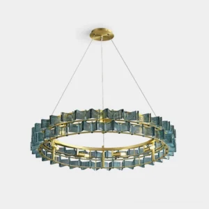 Modern ring chandelier with teal textured glass blocks and brass frame - front view on white background