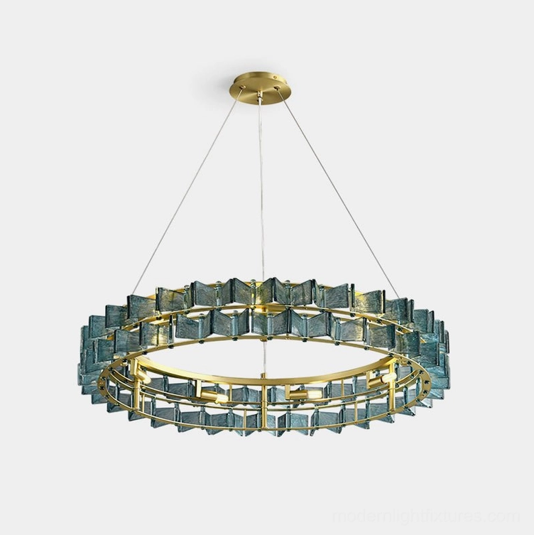 Modern ring chandelier with teal textured glass blocks and brass frame - front view on white background